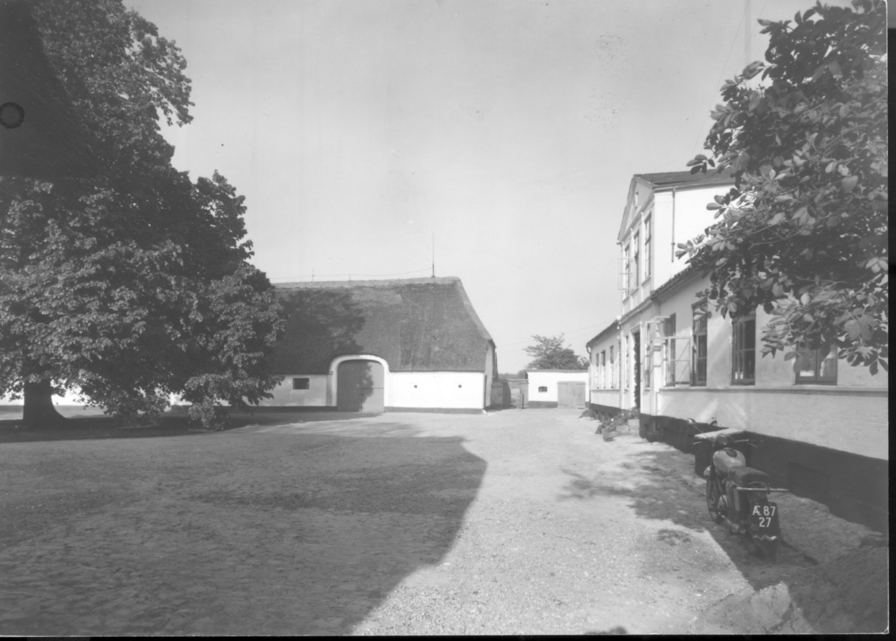 Gårdspladsen på Petersholm med stuehuset med frontespice til højre og avlsbygninger vinkelret herpå bagude. Et stort træ midt i gårdspladsen tv. i billede